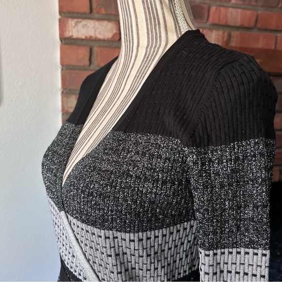 Diane Von Furstenberg Metallic Striped Long Sleeve Knit Wrap Dress Black Silver - Picture 7 of 11